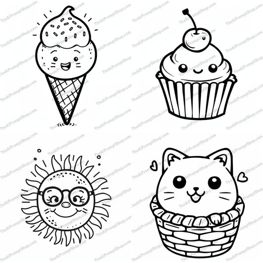 Cute Kawaii Doodle AI MidJourney Image Prompt, 9626 Animals, midjourney, kawaii, doodle, cute, illustration, ice cream, cupcake, sun, cat, basket, line art, black and white, simple, whimsical, adorable, fun, childlike, innocent, playful, food, animal, character, Midjourney, Ai, Ai Image Prompt, Image Prompt, Prompt