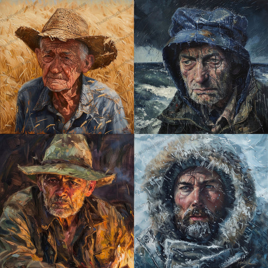 Weathered Faces AI MidJourney Image Prompt, 8771 Animals, midjourney, realistic, painting, outdoor, rugged, textures, weathered, scenes, settings, nature, adventures, portraits, detailed, expressions, realism, artwork, natural, elements, field, sea, forest, snow, Midjourney, Ai, Ai Image Prompt, Image Prompt, Prompt