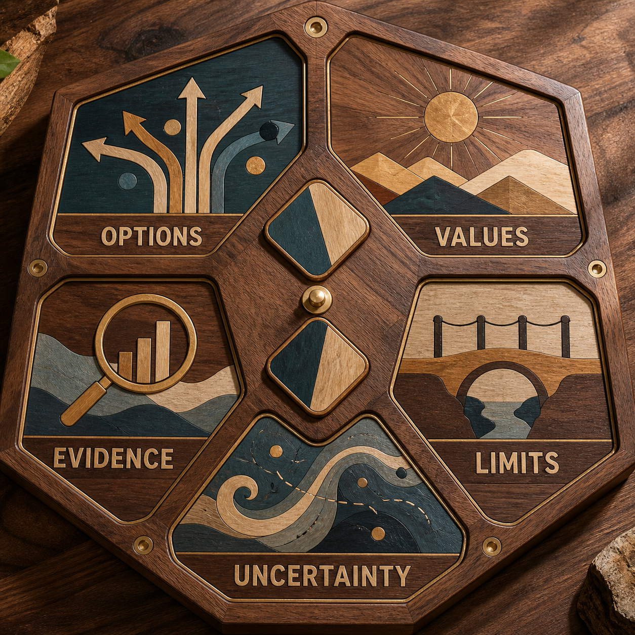 Decision Clarity Generator overview of options, values, evidence, constraints, and uncertainty