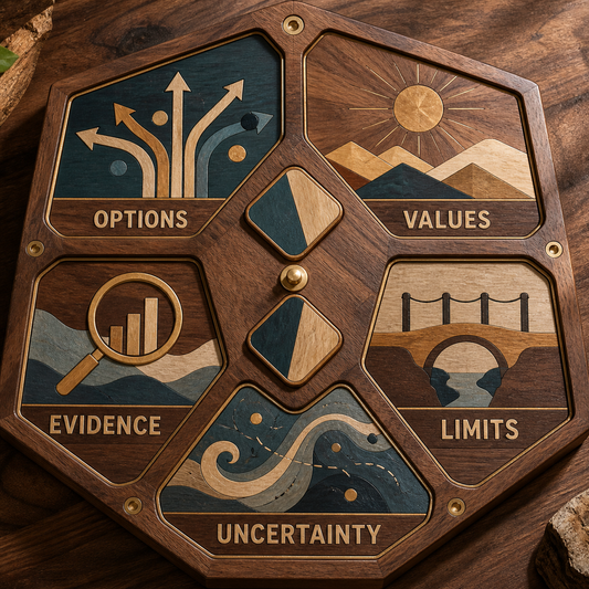 Decision Clarity Generator overview of options, values, evidence, constraints, and uncertainty