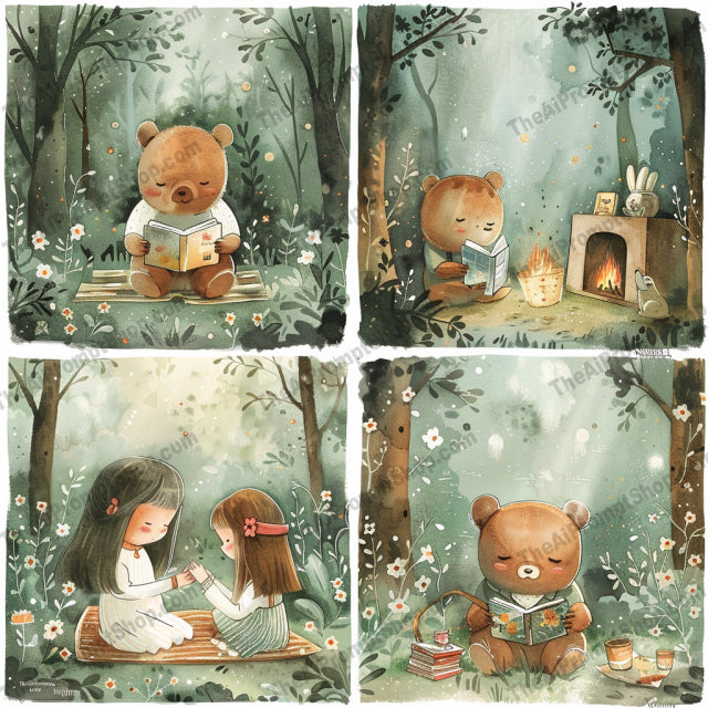 Enchanting Forest Reading Scenes AI MidJourney Image Prompt, 8663Ai, Ai Image Prompt, animals, bear, books, bunny, children, cute, enchanted, forest, fox, illustration, Image Prompt, Landscapes & Paintings, midjourney, nature, outdoors, peaceful, Prompt, reading, relaxing, serene, storytime, tranquil, whimsical, woodland