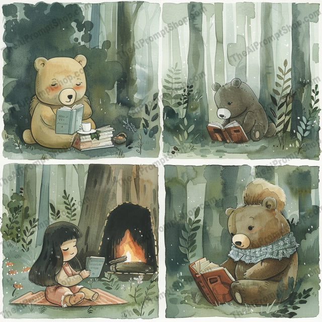 Enchanting Forest Reading Scenes AI MidJourney Image Prompt, 8663Ai, Ai Image Prompt, animals, bear, books, bunny, children, cute, enchanted, forest, fox, illustration, Image Prompt, Landscapes & Paintings, midjourney, nature, outdoors, peaceful, Prompt, reading, relaxing, serene, storytime, tranquil, whimsical, woodland