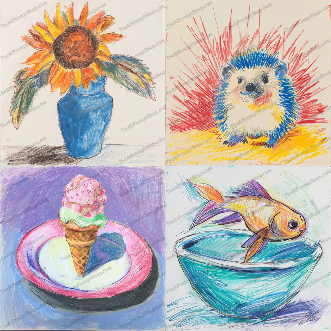 Colorful Illustrations AI MidJourney Image Prompt, 9608 — A vibrant and colorful illustration showcasing a variety of subjects including a sunflower in a vase,… — cover image