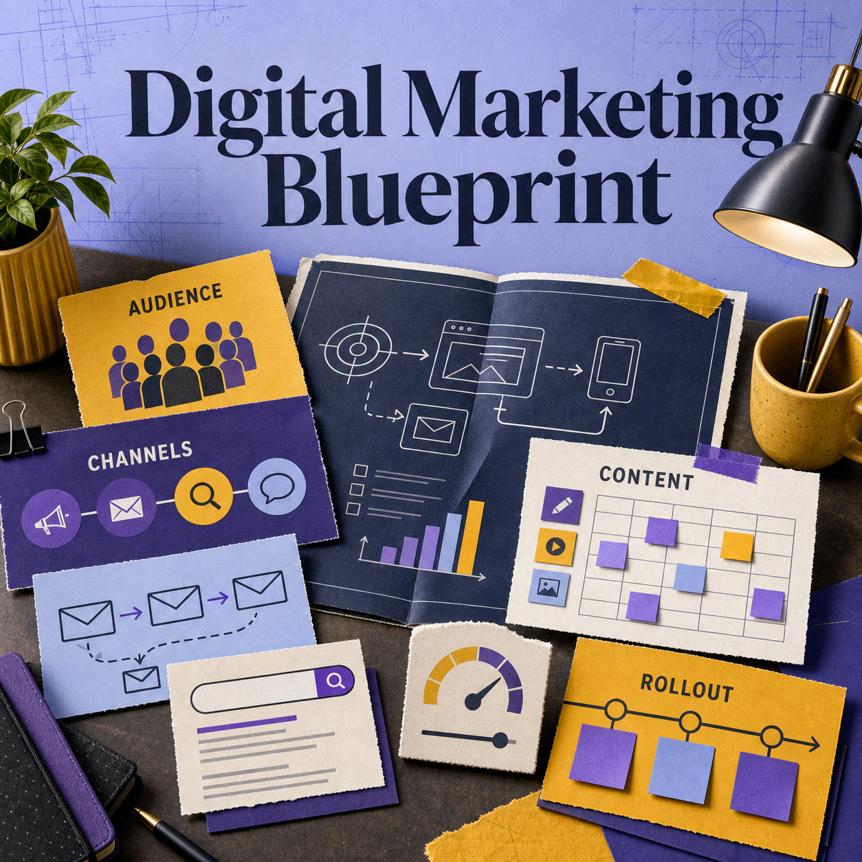 Digital Marketing Blueprint cover showing audience, channels, content planning, and campaign rollout.