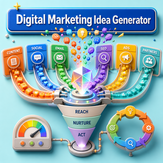 Bright Digital Marketing Idea Generator cover showing Content, Social, Email, SEO, Ads, and Partners channels feeding a Reach-Nurture-Act funnel with an analytics gauge and optimization loop.