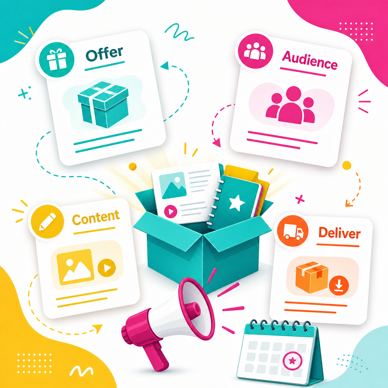 Illustrative overview of launch areas including offer, audience, content, and delivery.