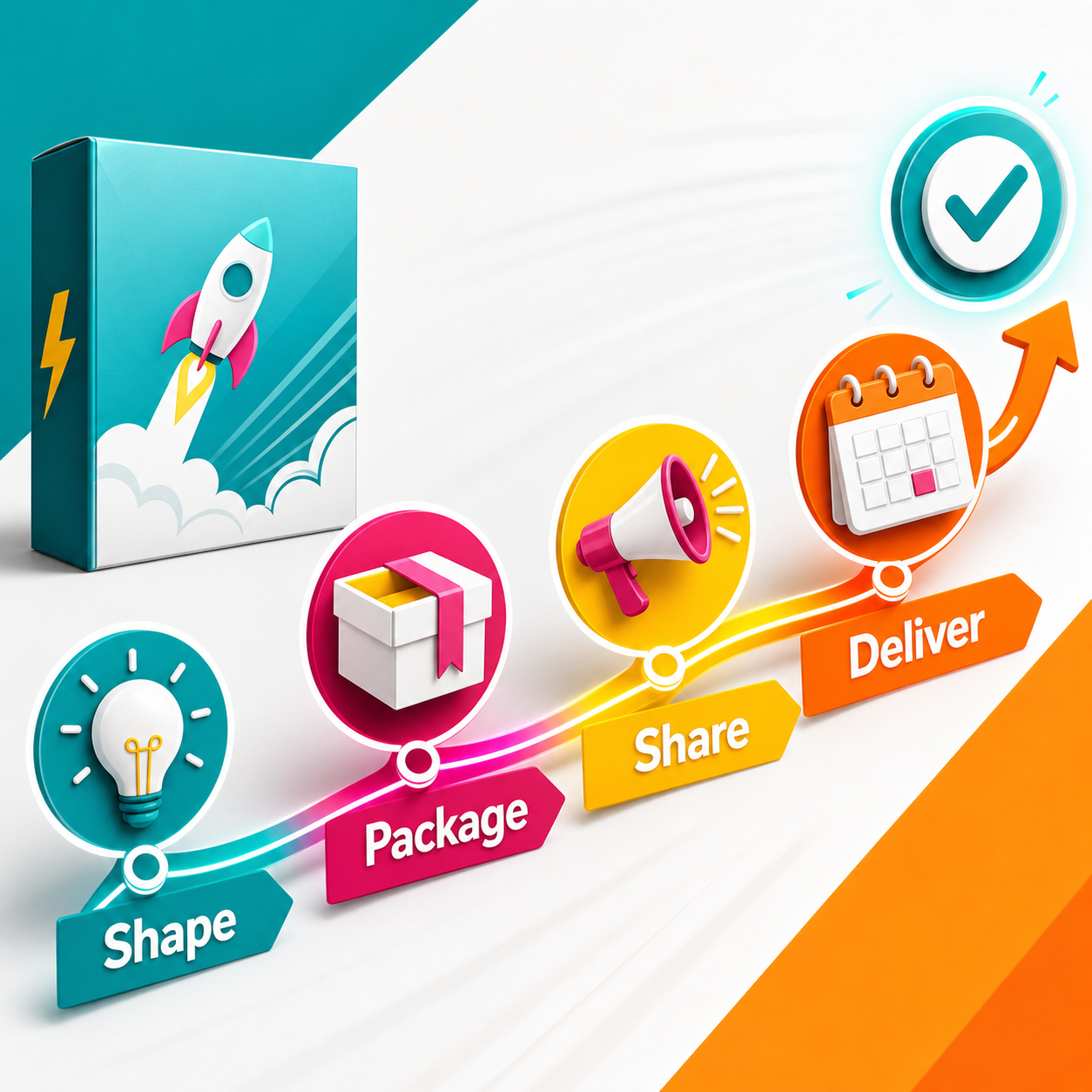 Illustrative launch framework for shaping, packaging, sharing, and delivering a digital product.