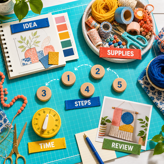 DIY & Craft Project Planner contents covering ideas, supplies, steps, time, and review