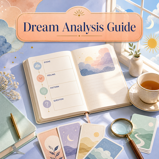 Bright Dream Analysis Guide cover showing a reflection journal with Scene, Feeling, Pattern, and Question prompts, dream cards, a magnifying glass, and tea.
