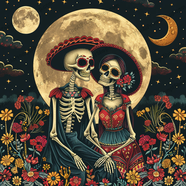 Day of the Dead Skeletons AI MidJourney Image Prompt, 9075 Holidays, midjourney, Day of the Dead, skeletons, celebration, floral, vibrant, colorful, traditional, festival, Mexican culture, decorative, candles, guitar, moonlight, festive, intricate, detailed, art, skull, sombrero, lanterns, Midjourney, Ai, Ai Image Prompt, Image Prompt, Prompt