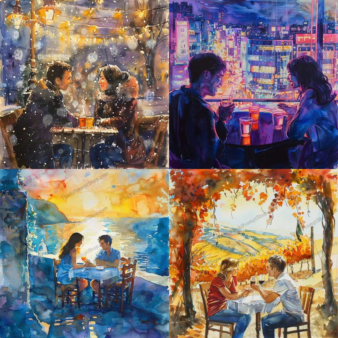 Romantic Couples at Cafes AI MidJourney Image Prompt, 8849 Isometrics & Icons, midjourney, romantic, couples, cafe, watercolor, intimate, moments, love, picturesque, scenic, settings, art, cityscape, sunset, nature, dining, outdoors, restaurant, night, day, autumn, Midjourney, Ai, Ai Image Prompt, Image Prompt, Prompt