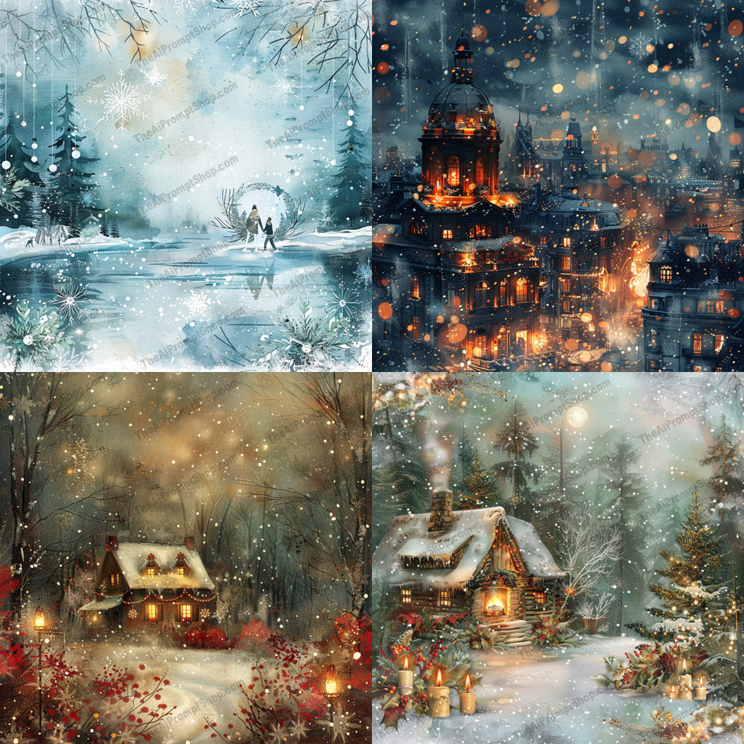 Cozy Winter Scenes AI MidJourney Image Prompt, 8809 Fantasy, midjourney, winter, snow, cozy cabin, forest, festive, decorations, glowing lights, soft snowfall, serene, magical, picturesque, peaceful, tranquil, holiday season, outdoor scenery, snowy forest, rustic, warmth, nature, idyllic, Midjourney, Ai, Ai Image Prompt, Image Prompt, Prompt