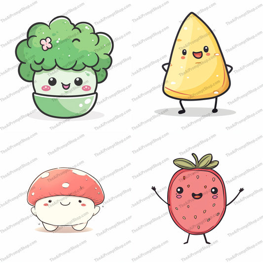 Cute Food Characters AI MidJourney Image Prompt, 8713 Food, midjourney, cute, food, characters, kawaii, illustration, whimsical, fun, broccoli, nacho, mushroom, strawberry, adorable, smiling, happy, cartoon, friendly, charming, playful, colorful, kids, Midjourney, Ai, Ai Image Prompt, Image Prompt, Prompt