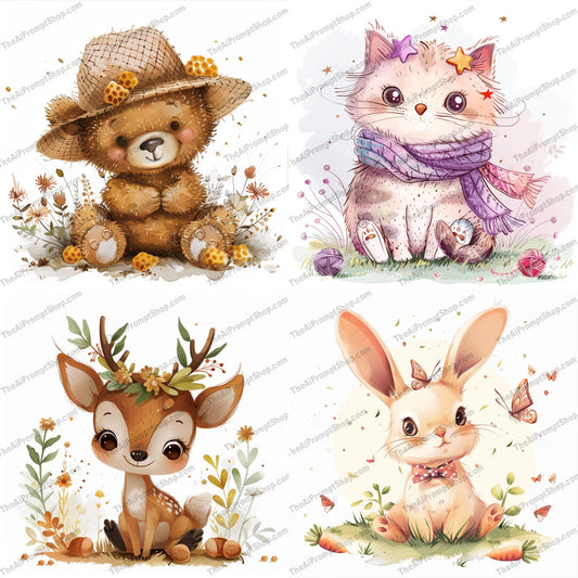 Cute Animal Illustrations AI MidJourney Image Prompt, 9458 Animals, midjourney, cute, animal, illustration, teddy bear, cat, deer, rabbit, whimsical, adorable, playful, charming, digital art, flowers, yarn, butterflies, cartoon, children, fantasy, creative, artwork, Midjourney, Ai, Ai Image Prompt, Image Prompt, Prompt