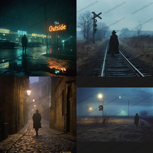 Mysterious Night Walk AI MidJourney Image Prompt, 8898 Animation & Cartoons, midjourney, mystery, night, solitude, lone figure, darkness, rain, urban, railway, mist, fog, nostalgia, intrigue, silhouette, lamp post, street, abandoned, moody, eerie, quiet, contemplative, Midjourney, Ai, Ai Image Prompt, Image Prompt, Prompt