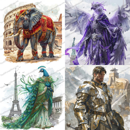 Epic Fantasy Characters AI MidJourney Image Prompt, 9447 Animals, midjourney, epic, fantasy, vibrant, detailed, majestic, armored, elephant, ancient, Roman, mystical, bird-like, creature, purple robes, regal, peacock, luxurious, feathers, attire, Eiffel Tower, grandeur, mythical, adventure, Midjourney, Ai, Ai Image Prompt, Image Prompt, Prompt