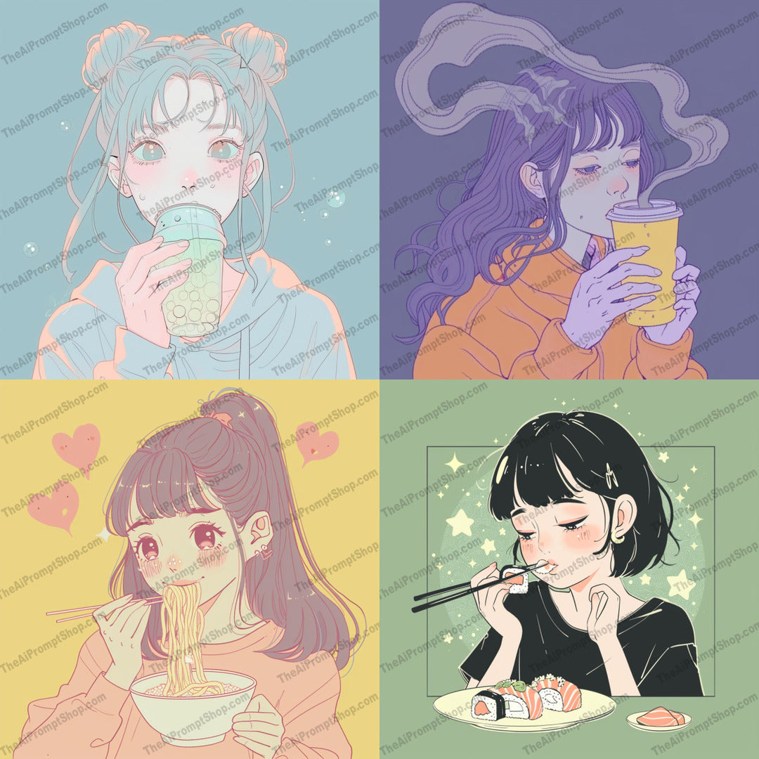 Character Art - Food & Drinks AI MidJourney Image Prompt, 9048 Food, midjourney, character art, food, drinks, bubble tea, ramen, sushi, pastel colors, digital art, cute, anime style, illustration, aesthetic, visual art, meal time, beverages, delightful, adorable, artistic, stylized characters, whimsical, Midjourney, Ai, Ai Image Prompt, Image Prompt, Prompt