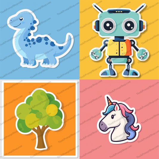 Cartoon Style Illustrations AI MidJourney Image Prompt, 9566 Stickers, midjourney, cartoon, cute, illustration, playful, colorful, dinosaur, robot, tree, unicorn, fun, kids, children, sticker, drawing, art, creative, imaginative, adorable, charming, whimsical, Midjourney, Ai, Ai Image Prompt, Image Prompt, Prompt