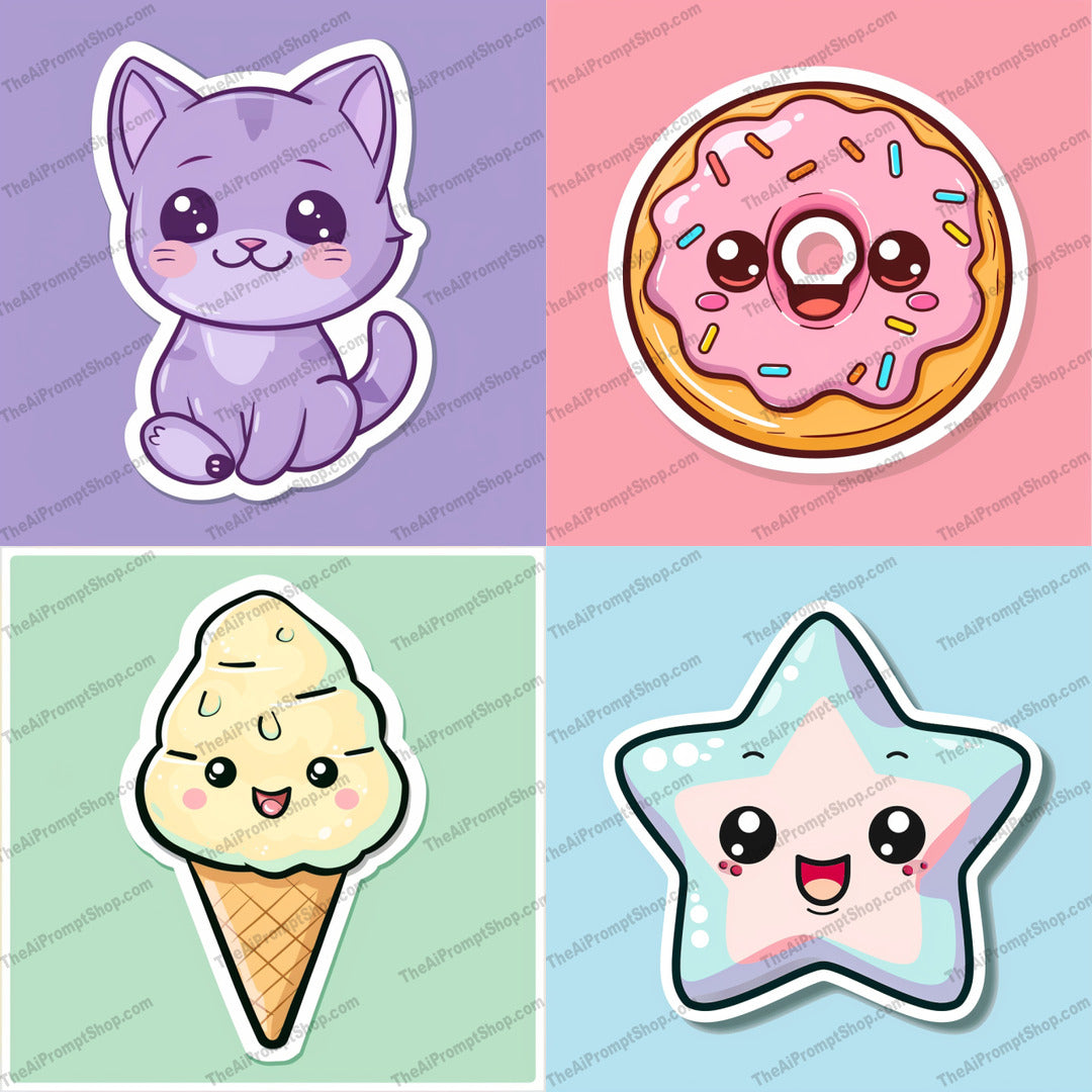 Cute Cartoon Sticker AI MidJourney Image Prompt, 9274 Stickers, midjourney, cute, cartoon, sticker, cat, donut, ice cream, star, kawaii, adorable, playful, sweet, fun, children, colorful, happy, smiling, dessert, snack, pastry, funny, Midjourney, Ai, Ai Image Prompt, Image Prompt, Prompt