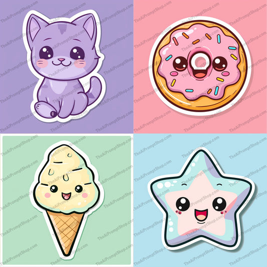 Cute Cartoon Sticker AI MidJourney Image Prompt, 9274 Stickers, midjourney, cute, cartoon, sticker, cat, donut, ice cream, star, kawaii, adorable, playful, sweet, fun, children, colorful, happy, smiling, dessert, snack, pastry, funny, Midjourney, Ai, Ai Image Prompt, Image Prompt, Prompt