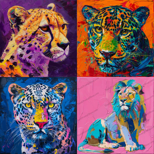 Colorful Big Cat Portraits AI MidJourney Image Prompt, 8790 Animals, midjourney, big cat, colorful, portrait, vibrant, expressive, stylized, bold brush strokes, bright hues, cheetah, leopard, lion, wildlife, animal art, modern art, contemporary, artistic, wild cat, abstract, color, creative, Midjourney, Ai, Ai Image Prompt, Image Prompt, Prompt