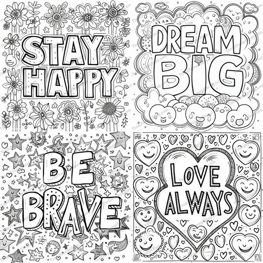 Inspirational Coloring Page AI MidJourney Image Prompt, 9357 Coloring Pages, midjourney, coloring page, inspirational quotes, black and white, doodles, Stay Happy, Dream Big, Be Brave, Love Always, flowers, stars, hearts, cute characters, uplifting, creative, DIY, craft, motivation, positive messages, art therapy, kids activity, Midjourney, Ai, Ai Image Prompt, Image Prompt, Prompt