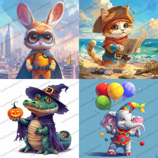 Fantasy Animal Characters AI MidJourney Image Prompt, 8703 Animals, midjourney, fantasy, animals, characters, whimsical, playful, costumes, detailed, vibrant, artwork, joyful, cat, dog, elephant, crocodile, superhero, pirate, witch, circus, balloons, illustration, Midjourney, Ai, Ai Image Prompt, Image Prompt, Prompt