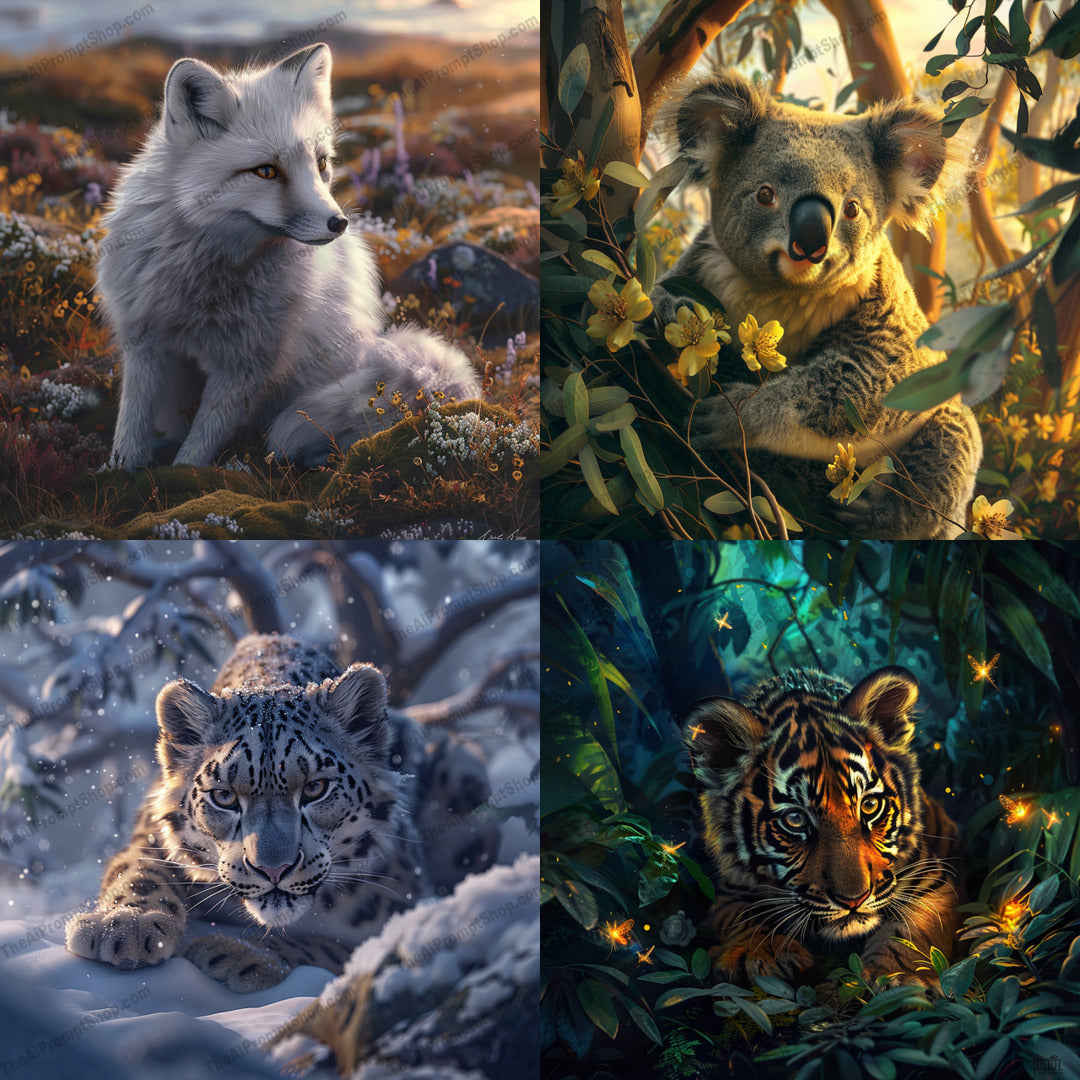 Wildlife Portraits AI MidJourney Image Prompt, 9252 Portraits & People, midjourney, wildlife, animal portraits, white fox, koala, snow leopard, tiger cub, digital painting, realistic art, nature, serene, lush foliage, mystical, fireflies, jungle, snowy forest, flowers, majestic, adorable, habitat, captivating, Midjourney, Ai, Ai Image Prompt, Image Prompt, Prompt