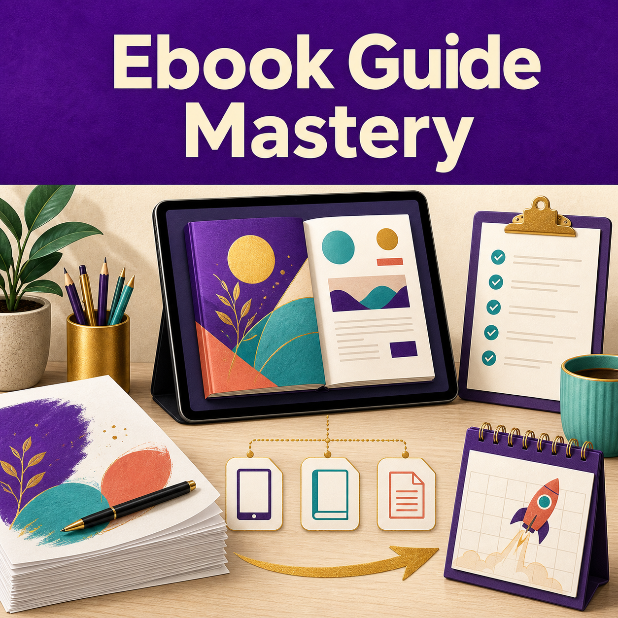 Ebook creation studio with a digital book mockup, manuscript stack, format choices, editing checklist, and launch calendar.
