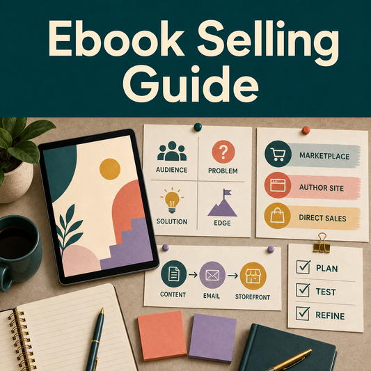 Ebook selling planning workspace with audience and positioning cards, platform comparison, content-to-storefront path, and plan-test-refine checklist.