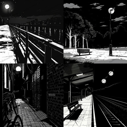 Noir Cityscapes AI MidJourney Image Prompt, 8718 Landscapes & Paintings, midjourney, noir, cityscape, urban, monochrome, black and white, night, streetlights, silhouette, mystery, cinematic, artwork, solitude, shadow, glow, silent, streets, alley, station, bench, trees, Midjourney, Ai, Ai Image Prompt, Image Prompt, Prompt
