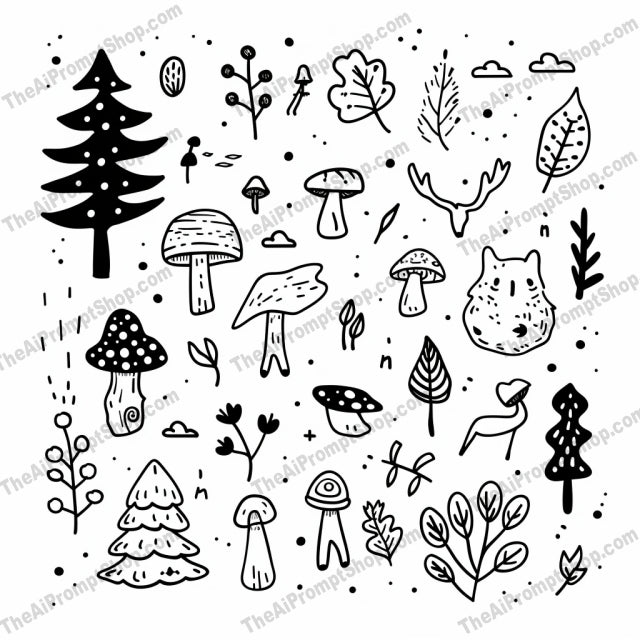 Cute Doodles of Animals and Nature AI MidJourney Image Prompt, 8967 Animals, midjourney, doodles, animals, nature, black and white, whimsical, creative, illustration, playful, birds, fish, trees, leaves, mushrooms, waves, sea life, forest, farm animals, hand-drawn, fun, art, Midjourney, Ai, Ai Image Prompt, Image Prompt, Prompt