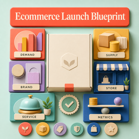 Bright Ecommerce Launch Blueprint cover showing a central product package surrounded by Demand, Supply, Brand, Store, Service, and Metrics modules in a static launch-kit layout.