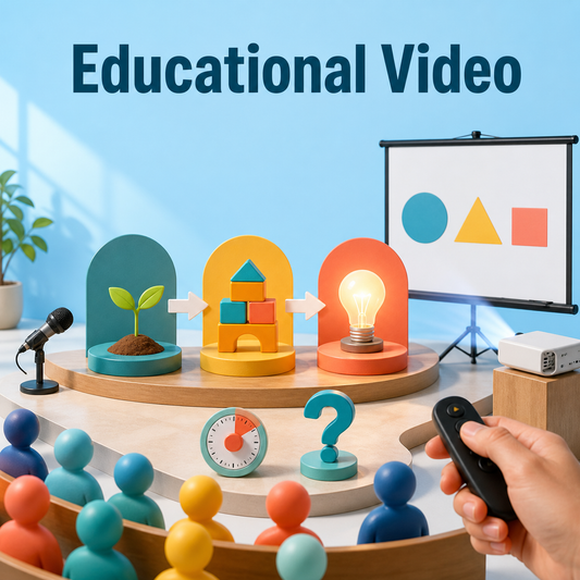 Bright Educational Video cover showing a teaching stage, projector, lesson objects, audience figures, microphone, timer, question mark, and clicker.