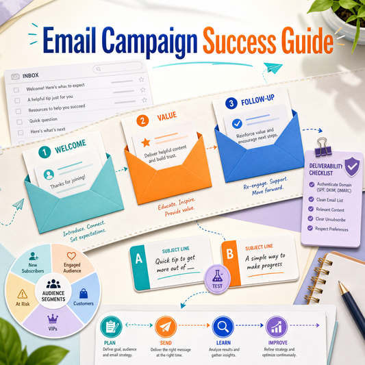 Email Campaign Success Guide cover showing Welcome, Value, and Follow-Up email envelopes, inbox previews, A/B subject lines, audience segments, deliverability checklist, and plan-send-learn-improve flow.