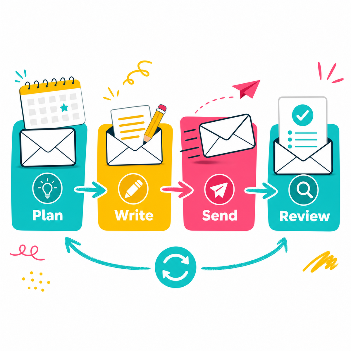 Email campaign workflow for planning, writing, sending, and reviewing a sequence.