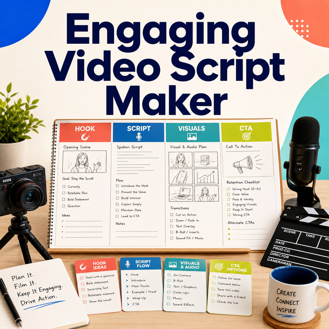 Engaging Video Script Maker cover showing a video storyboard with hook, script, visuals and call-to-action sections, plus camera and microphone cues.