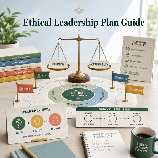 Ethical Leadership Plan Guide cover showing a Fairness-and-Accountability scale, ethical risk map, leadership behaviors, speak-up pathway, 90-day culture sprint, and accountability checklist.