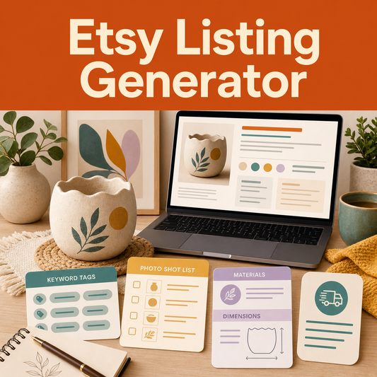 Handmade product listing workspace with a styled ceramic item, abstract listing page, keyword tags, photo shot list, materials, dimensions, and delivery details.