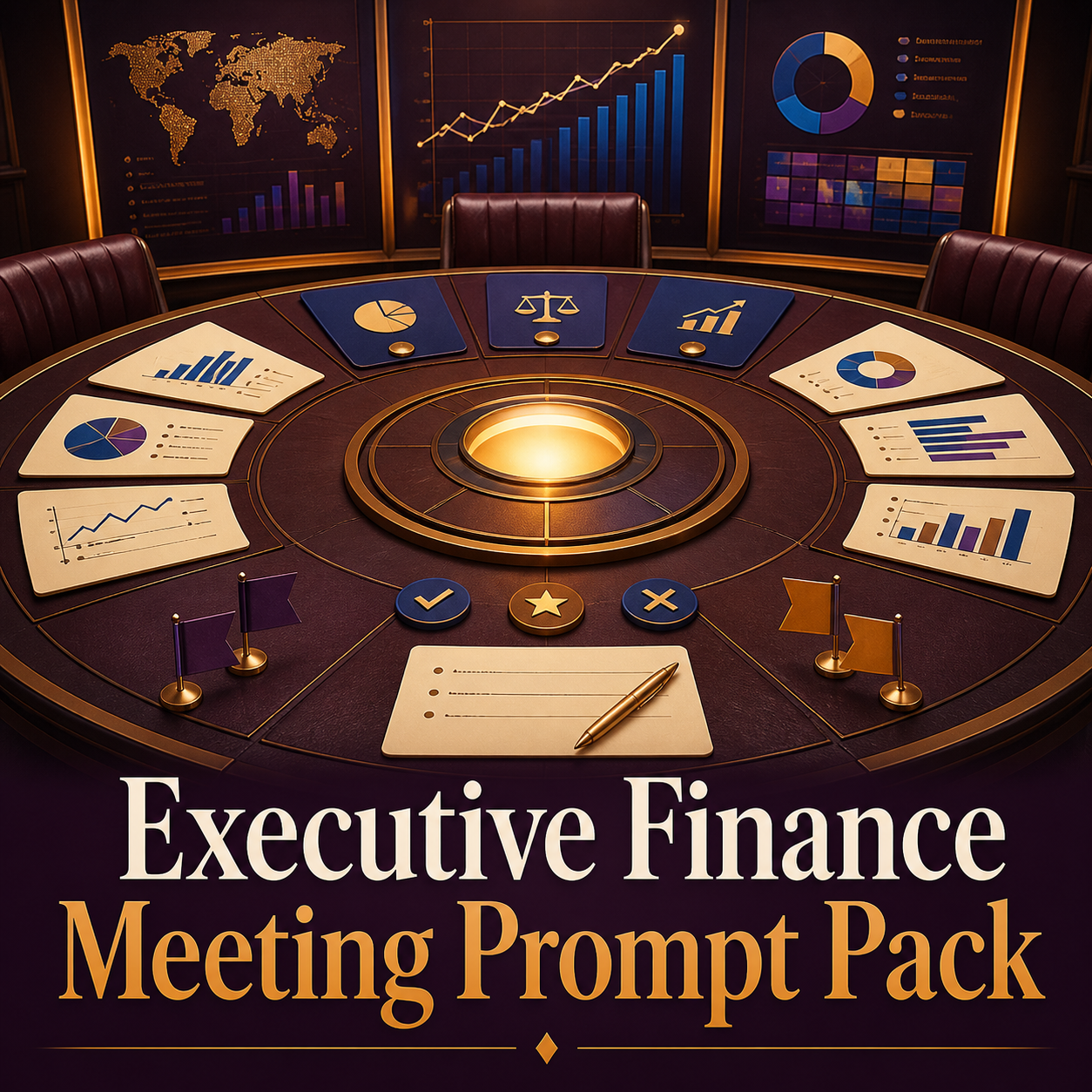 Executive Finance Meeting Prompt Pack cover with a circular decision table and financial charts