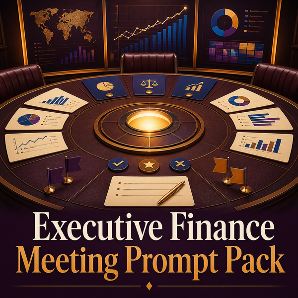 Executive Finance Meeting Prompt Pack cover with a circular decision table and financial charts