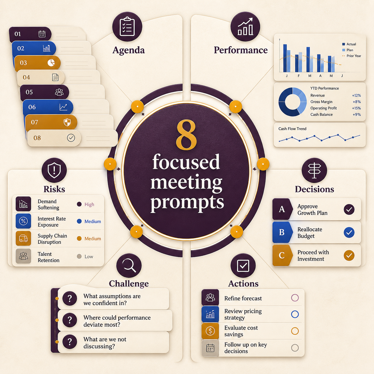 Eight focused executive finance meeting prompts for agenda performance decisions risks challenge and actions