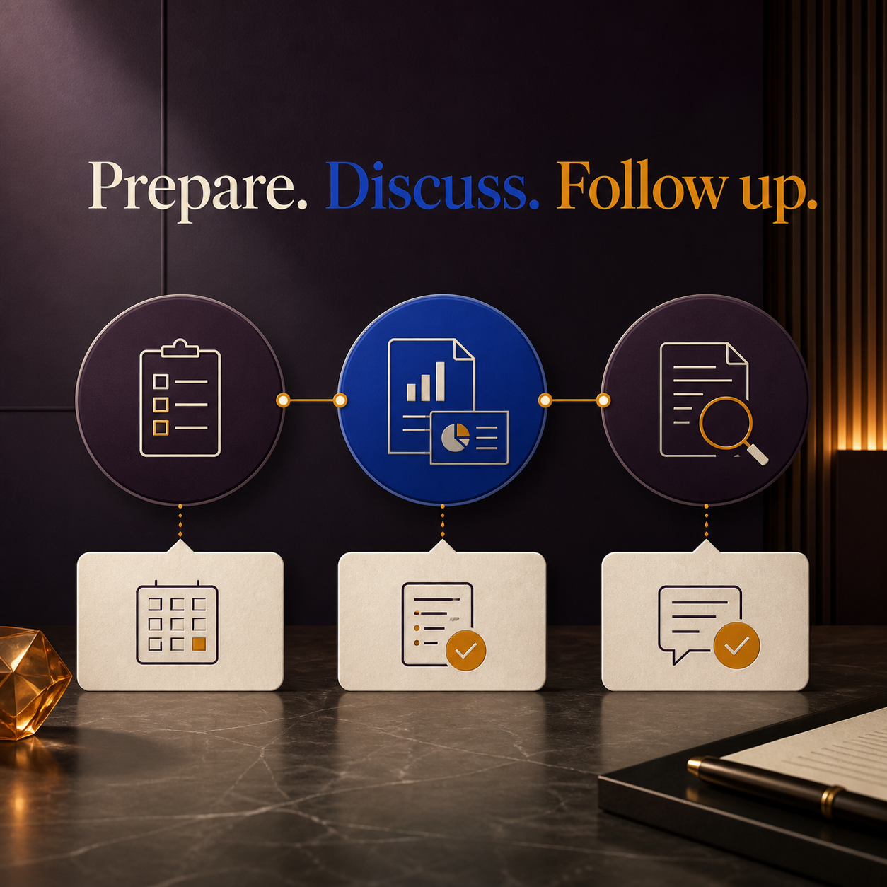 Executive finance meeting method for preparation discussion and verified follow-up
