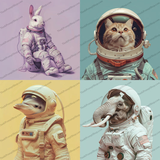 Astronaut Animals in Space Suits AI MidJourney Image Prompt, 9517 Animals, midjourney, astronaut, animals, space suits, rabbit, elephant, duck, art, whimsical, realistic, detailed, texture, expressions, sophisticated, creative, imaginative, fantasy, science fiction, cosmic, outer space, galactic, Midjourney, Ai, Ai Image Prompt, Image Prompt, Prompt