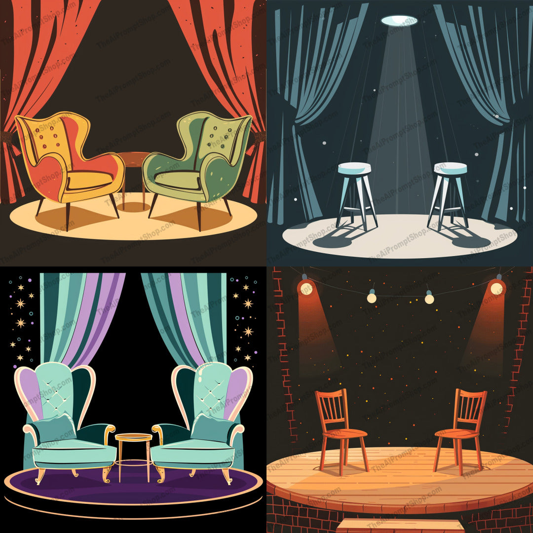 Theater Stage Background AI MidJourney Image Prompt, 8750 Animation & Cartoons, midjourney, theater, stage, vintage, illustration, curtains, velvet, spotlights, dramatic, furniture, performance, talk show, classic, elegant, cozy, nostalgia, sophistication, artwork, seating, lighting, interior, Midjourney, Ai, Ai Image Prompt, Image Prompt, Prompt