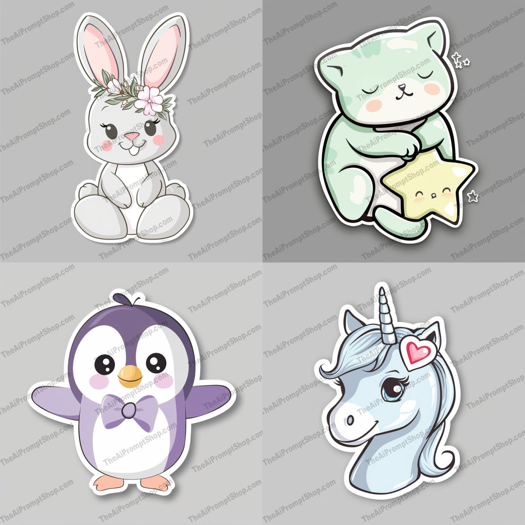 Cute Animal Stickers AI MidJourney Image Prompt, 8780 Animals, midjourney, cute, animal, bunny, cat, penguin, unicorn, illustration, sticker, kawaii, pastel, adorable, children, decor, stationery, cartoon, whimsical, playful, fantasy, gentle, sweet, Midjourney, Ai, Ai Image Prompt, Image Prompt, Prompt