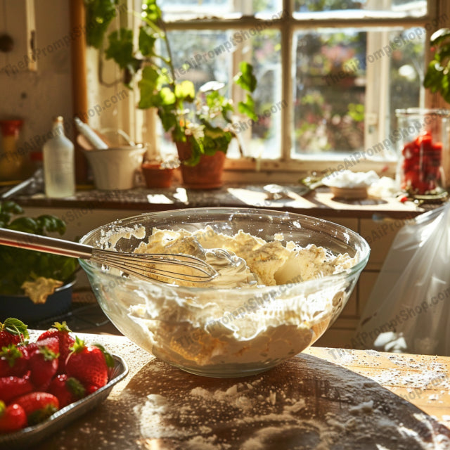 Rustic Kitchen Cooking Scene AI MidJourney Image Prompt, 8885 Food, midjourney, rustic kitchen, cooking, home cooking, natural light, food preparation, fresh ingredients, sunlit kitchen, cozy kitchen, culinary process, whisking, baking, strawberries, mashed potatoes, kitchen utensils, eggs, butter, herbs, recipe, homemade meal, kitchen decor, Midjourney, Ai, Ai Image Prompt, Image Prompt, Prompt