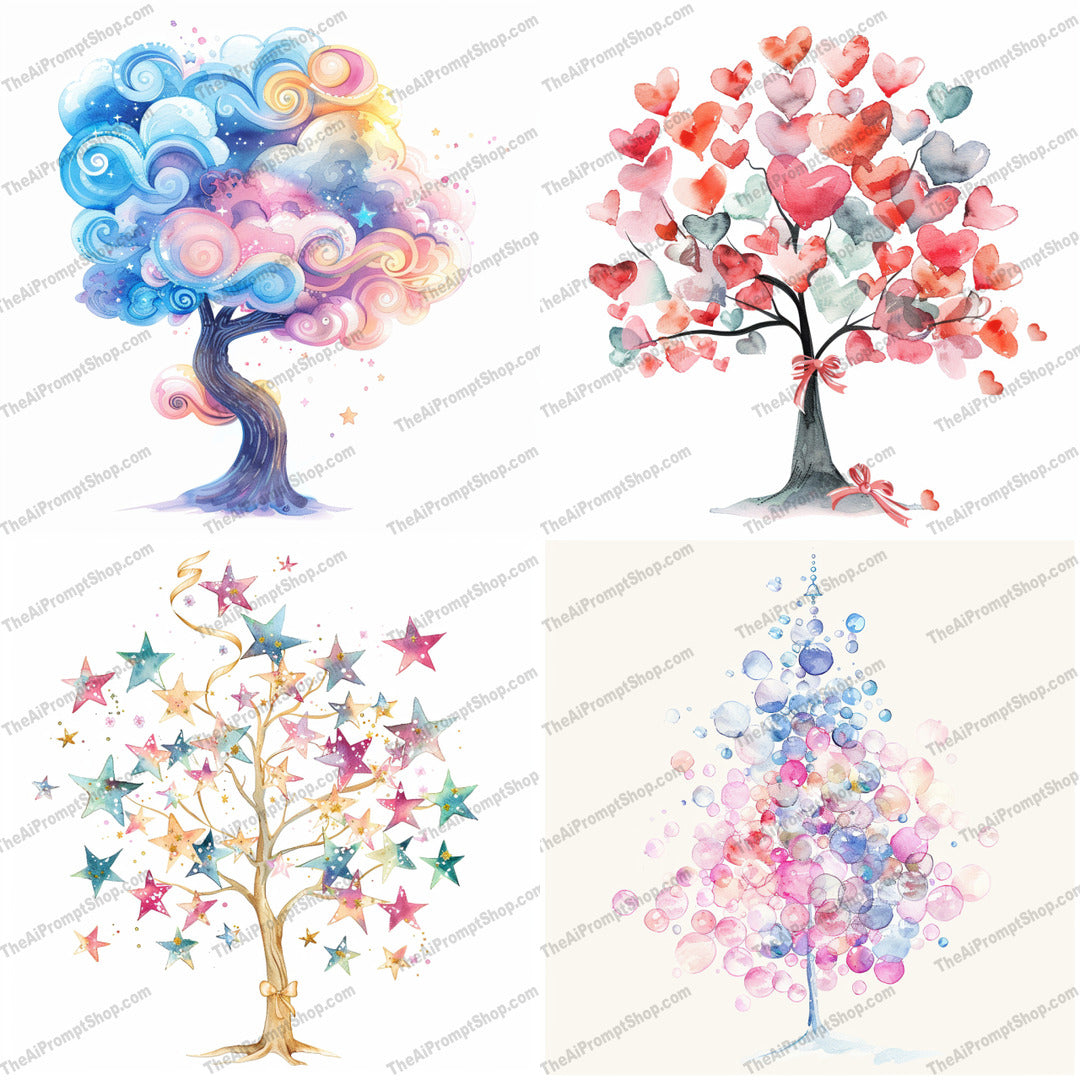 Artistic Fantasy Trees AI MidJourney Image Prompt, 8792 Animals, midjourney, fantasy, tree, artistic, whimsical, clouds, heart-shaped leaves, watercolor, stars, bubbles, vibrant, colors, imaginative, dreamy, magical, enchanting, creative, nature, art, design, mystical, Midjourney, Ai, Ai Image Prompt, Image Prompt, Prompt