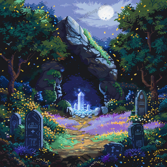 Pixel Art Cemetery Scene AI MidJourney Image Prompt, 8932 Animation & Cartoons, midjourney, pixel art, cemetery, haunting, serene, ancient gravestones, lush greenery, old architecture, mysterious, ethereal, tranquil, flowers, nature, night scene, gothic, fantasy, vintage, abandoned, moody, spooky, graveyard, Midjourney, Ai, Ai Image Prompt, Image Prompt, Prompt