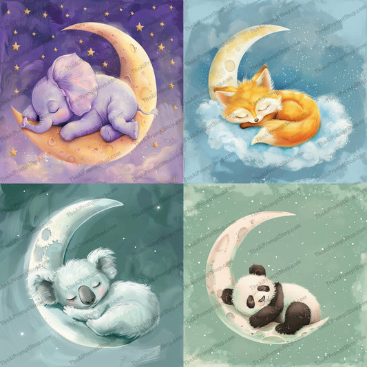 Sleeping Animals on Moon AI MidJourney Image Prompt, 9650 Animals, midjourney, cute, animals, baby animals, sleeping, moon, crescent moon, stars, night sky, dreamy, nursery, children's decor, elephant, fox, koala, panda, whimsical, peaceful, illustration, art, decor, baby room, Midjourney, Ai, Ai Image Prompt, Image Prompt, Prompt